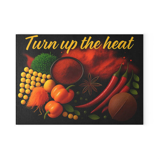 Vibrant Glass Cutting Board with 'Turn Up the Heat' Design