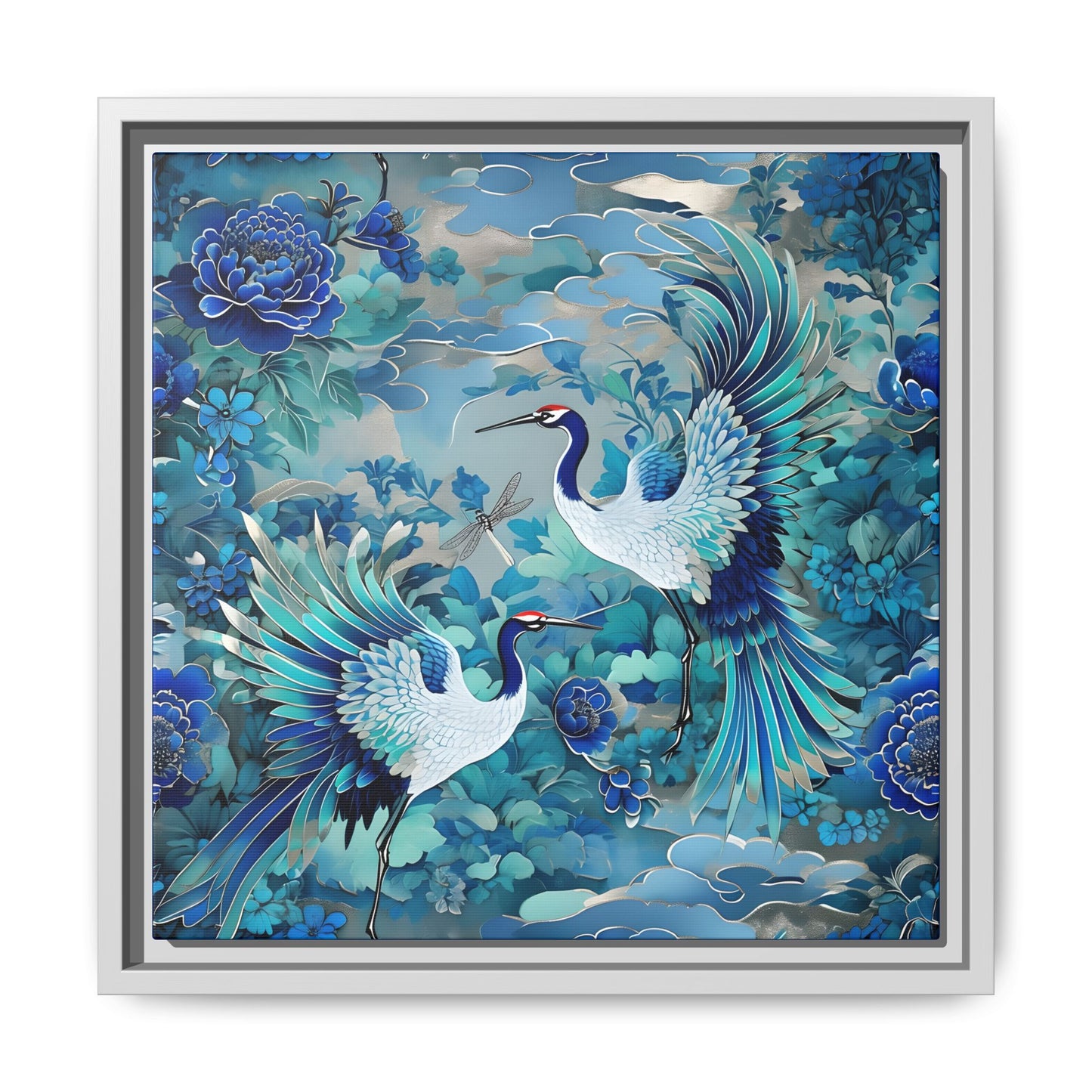 Elegant Framed Canvas Art - Serene Cranes and Floral Bliss
