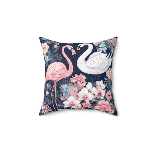 Flamingo & Swan Floral Throw Pillow - Tropical Home Decor