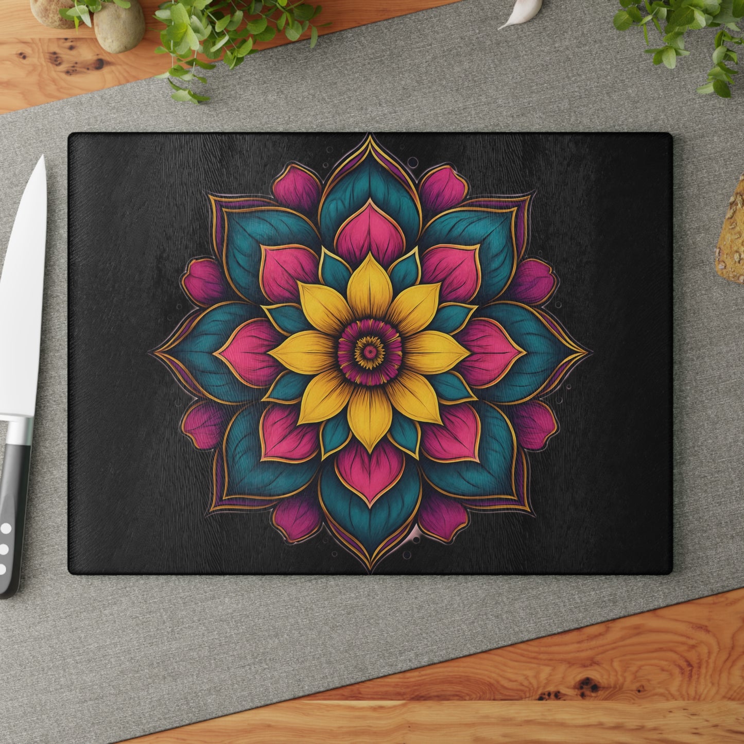 Vibrant Mandala Glass Cutting Board