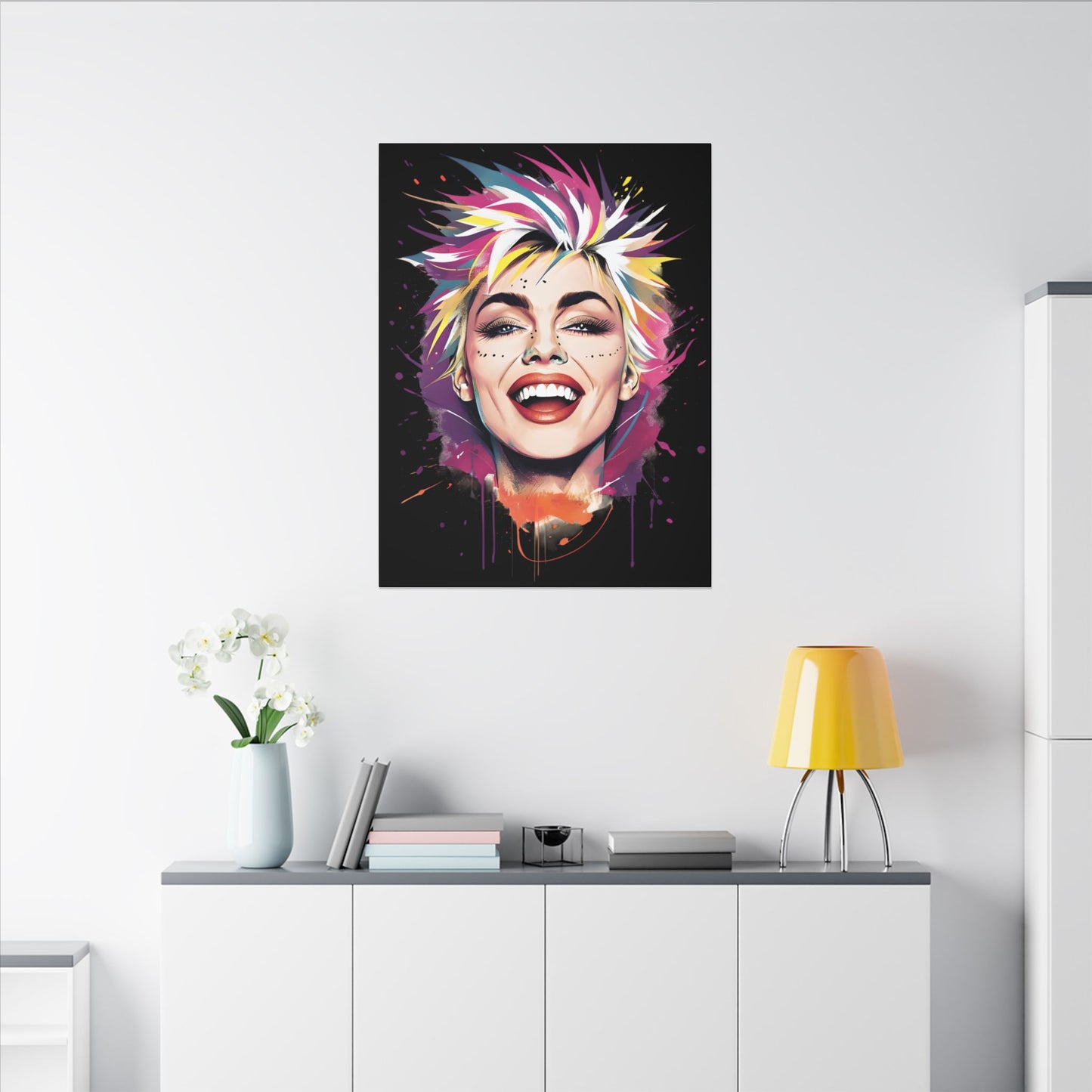 Vibrant 80s Vibe Art Print: Smiling Portrait with Colorful Splashes