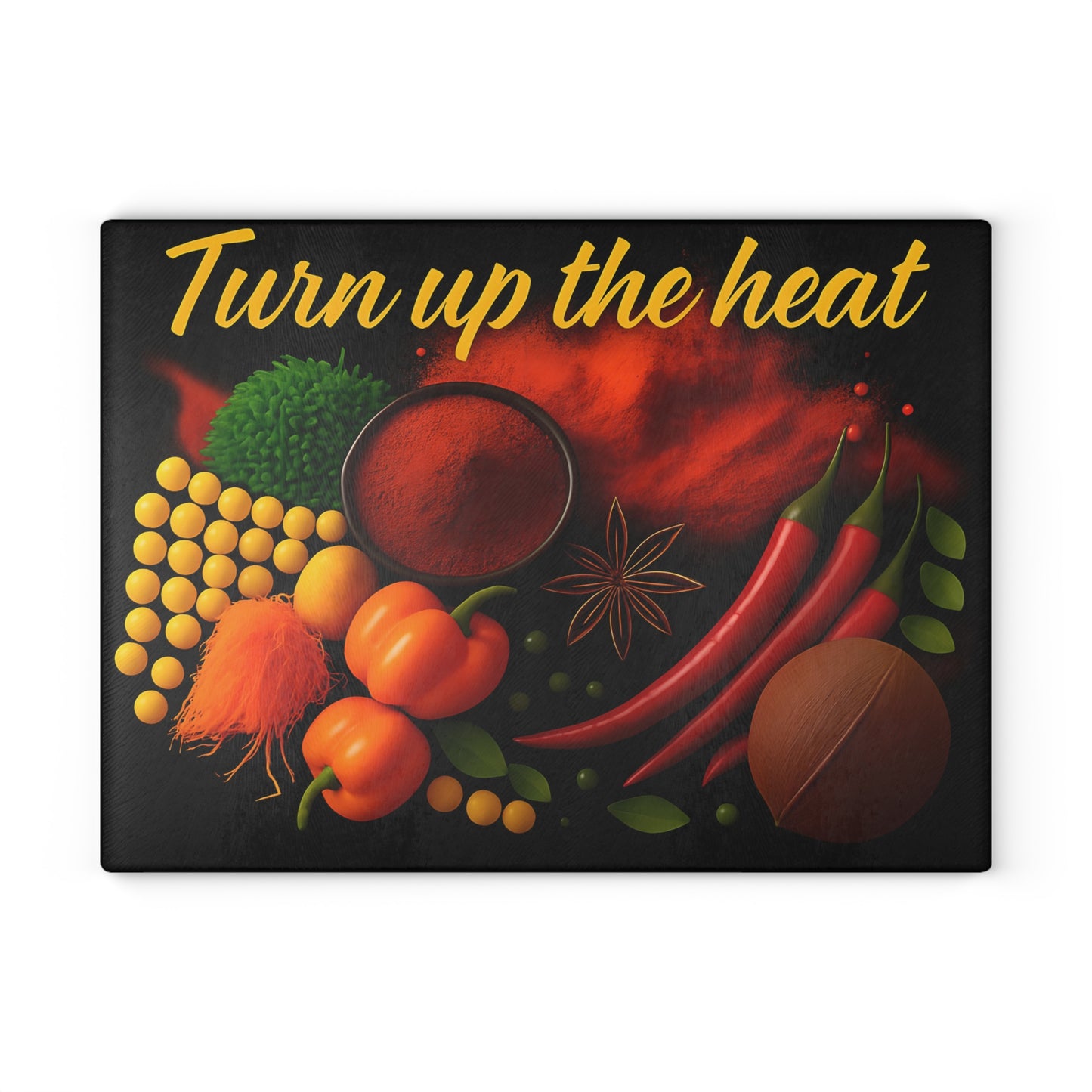 Vibrant Glass Cutting Board with 'Turn Up the Heat' Design