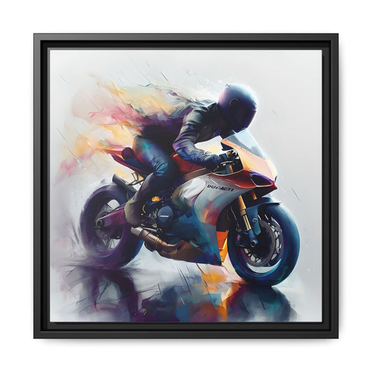 Dynamic Silhouette of a Racer on a Ducati in Rain Canvas Print