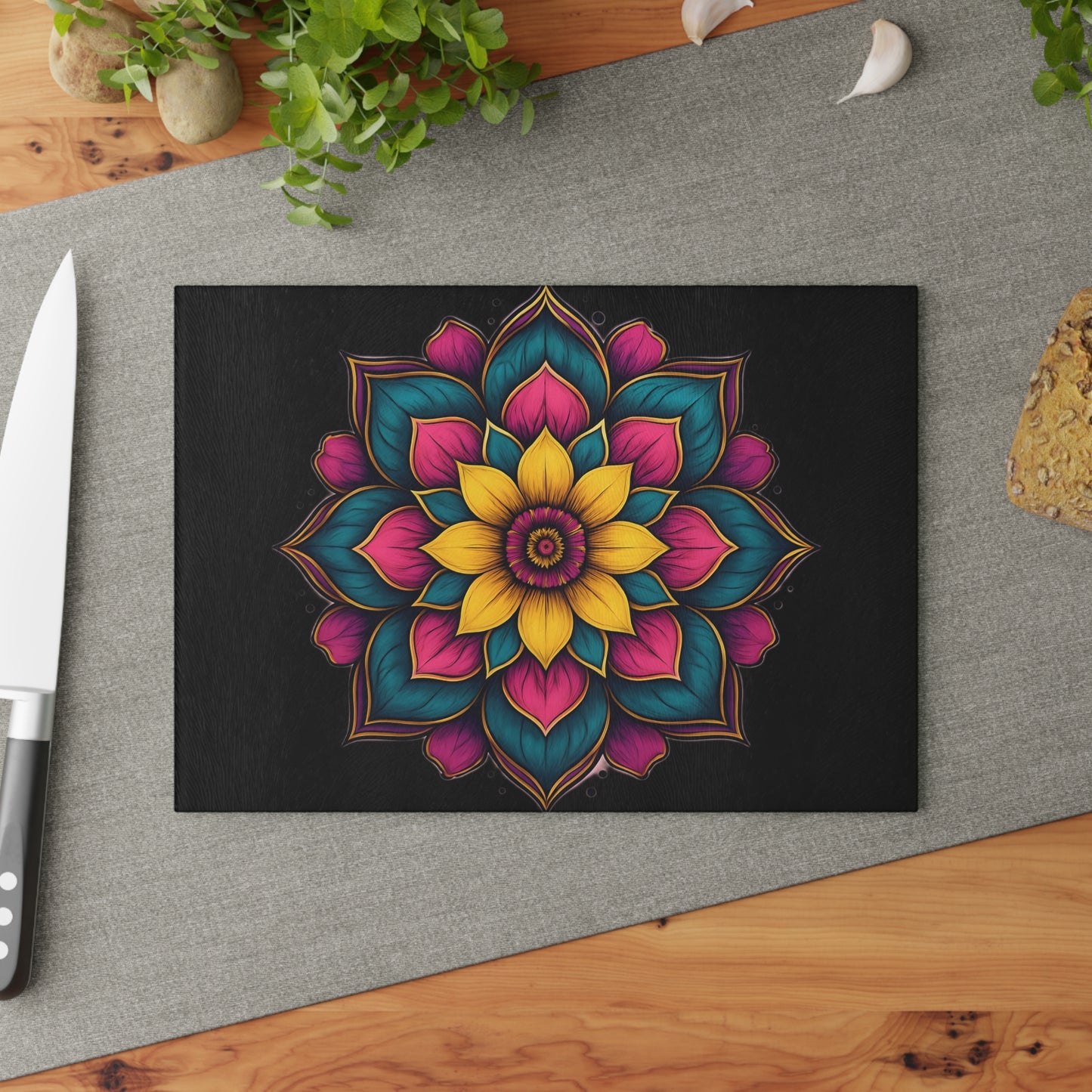 Vibrant Mandala Glass Cutting Board