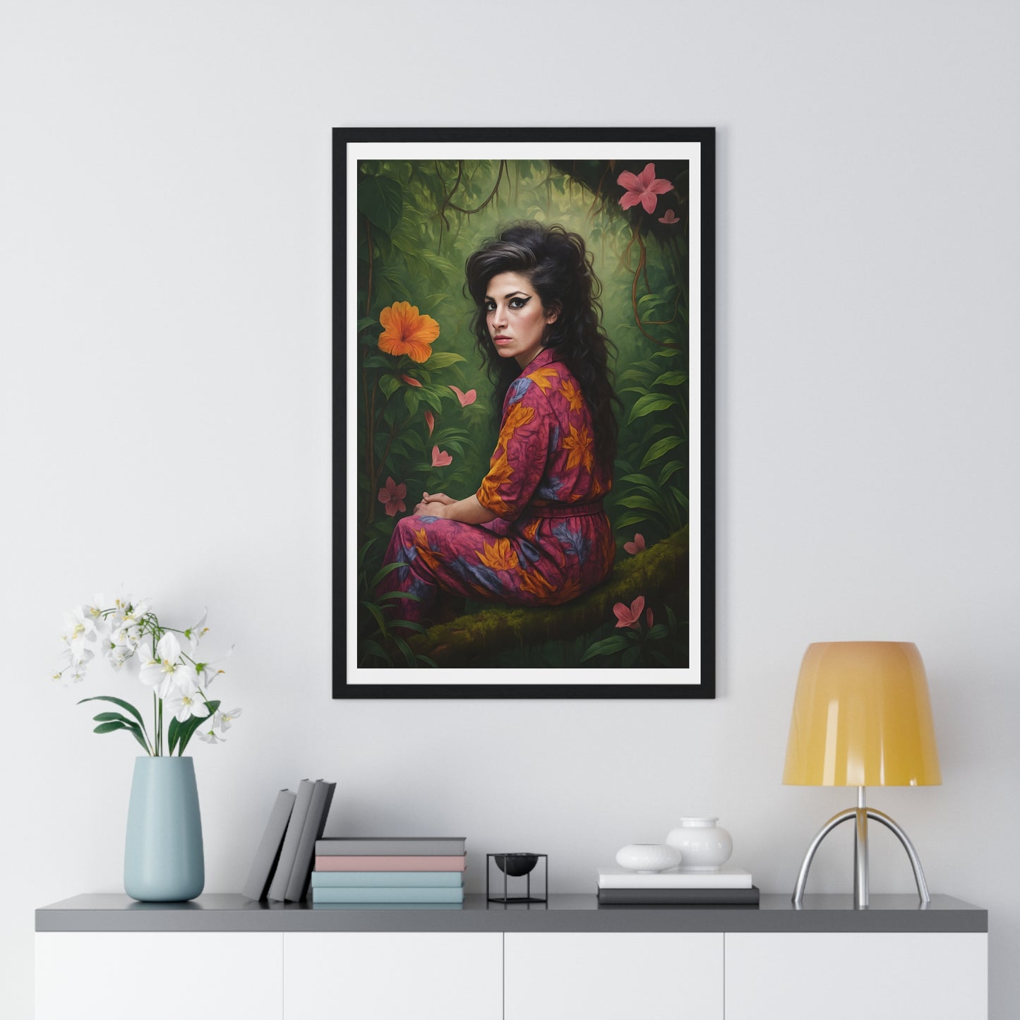 Amy Winehouse Seated on a Branch in Tropical Jungle