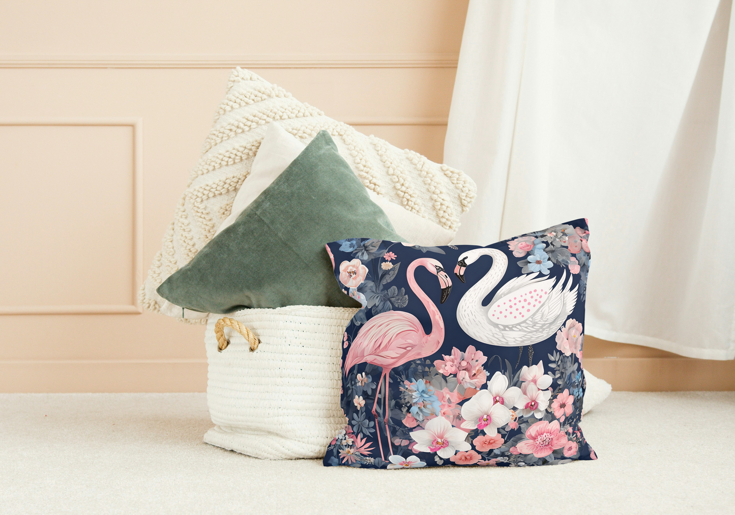 Flamingo & Swan Floral Throw Pillow - Tropical Home Decor