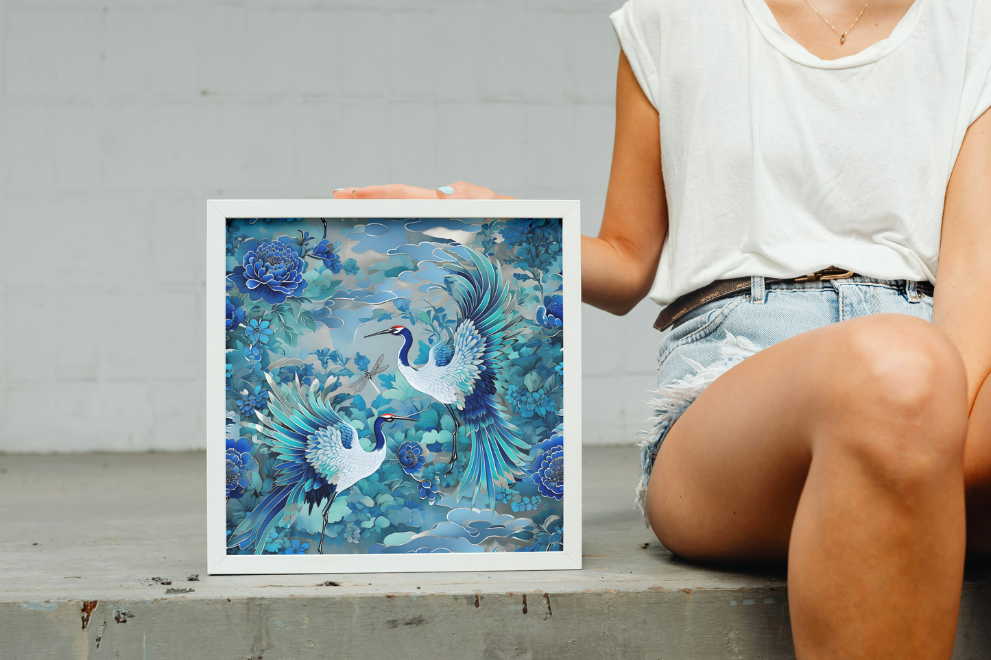 Elegant Framed Canvas Art - Serene Cranes and Floral Bliss