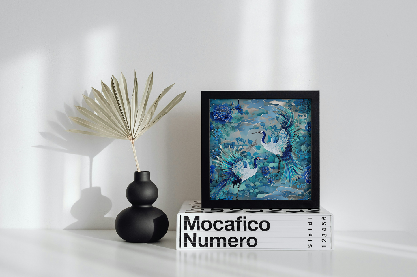 Elegant Framed Canvas Art - Serene Cranes and Floral Bliss