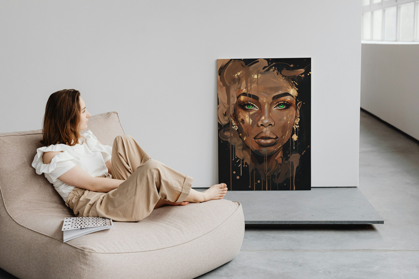 |Whispers in Bronze - Elegant Canvas Art Print - Stunning Female Portrait with Green Eyes