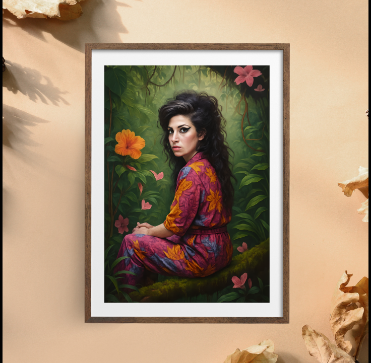 Amy Winehouse Seated on a Branch in Tropical Jungle