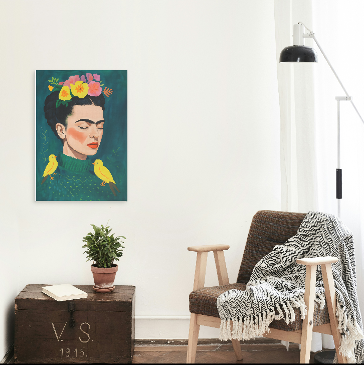 Frida Kahlo Inspired Portrait of Serene  Woman In Sweater
