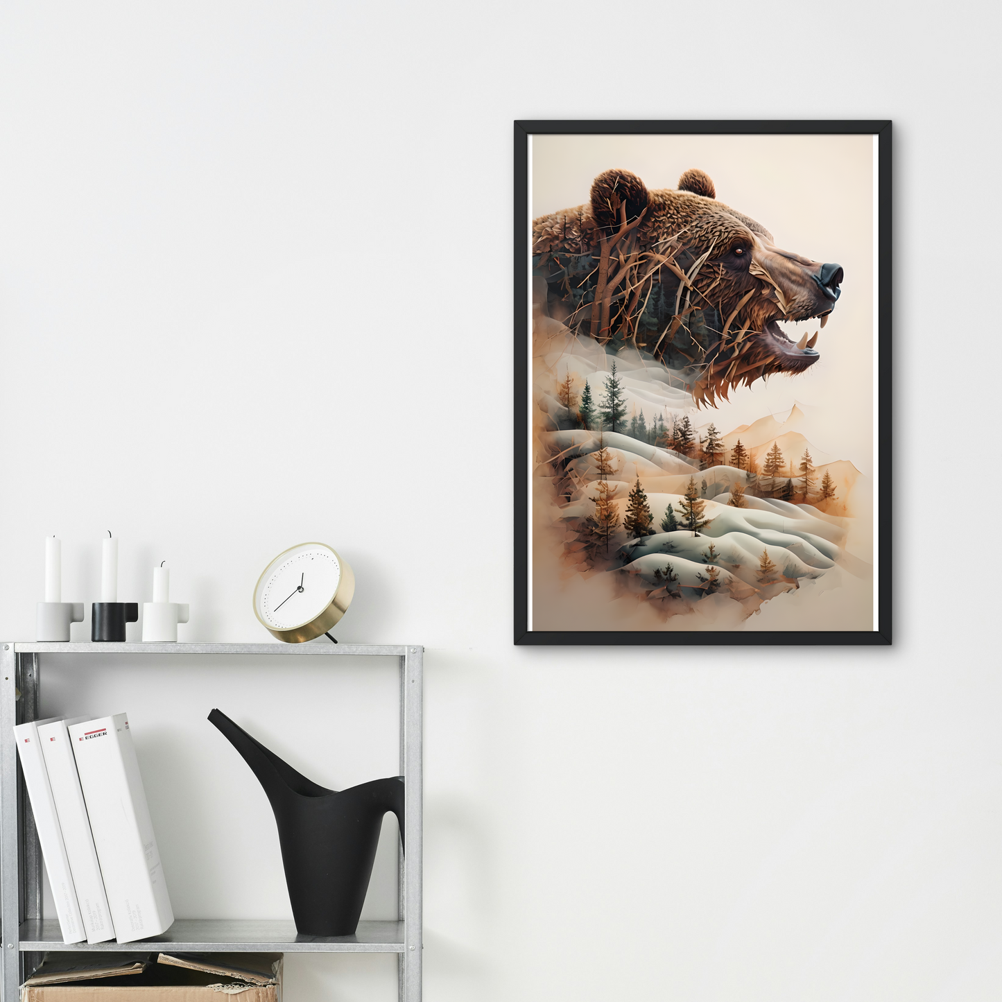 Bear in Blended Winter Forest: Framed Canvas Artwork Print