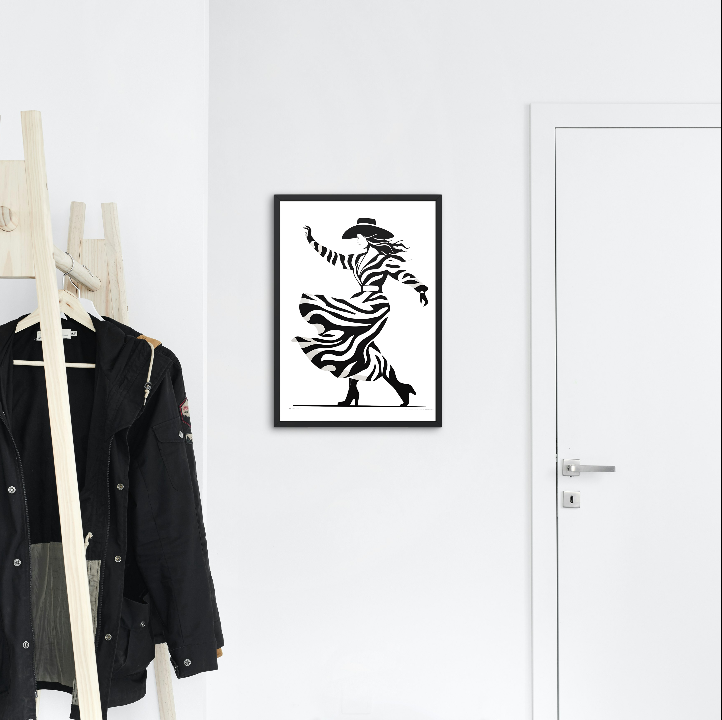 Dynamic Cowgirl in Motion with Striking Black and White Aesthetic Print