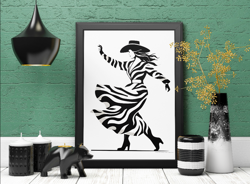 Dynamic Cowgirl in Motion with Striking Black and White Aesthetic Print