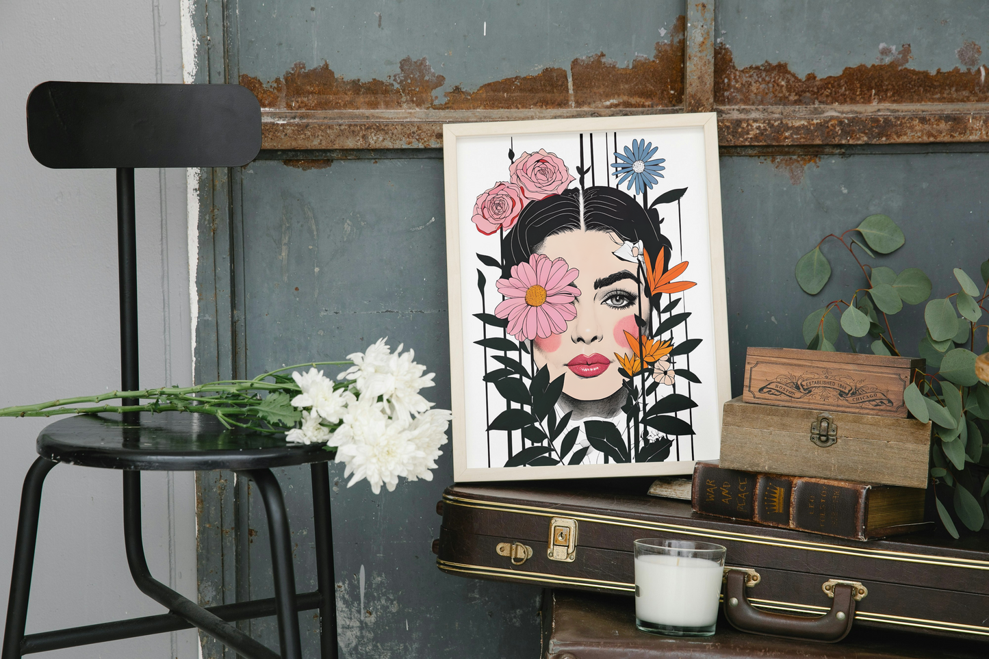 Woman with Multi Colour Floral Wall Print