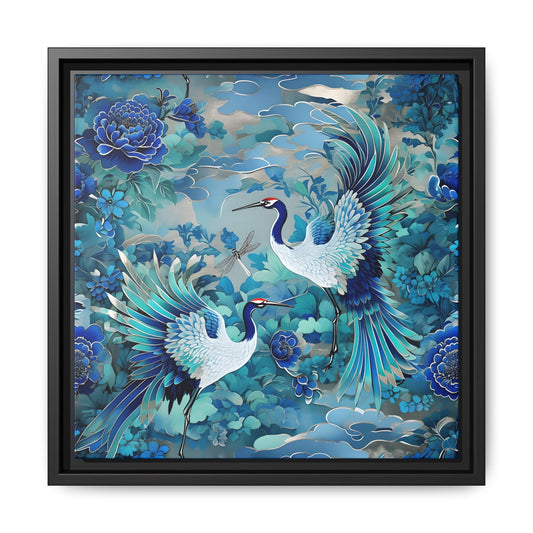 Elegant Framed Canvas Art - Serene Cranes and Floral Bliss
