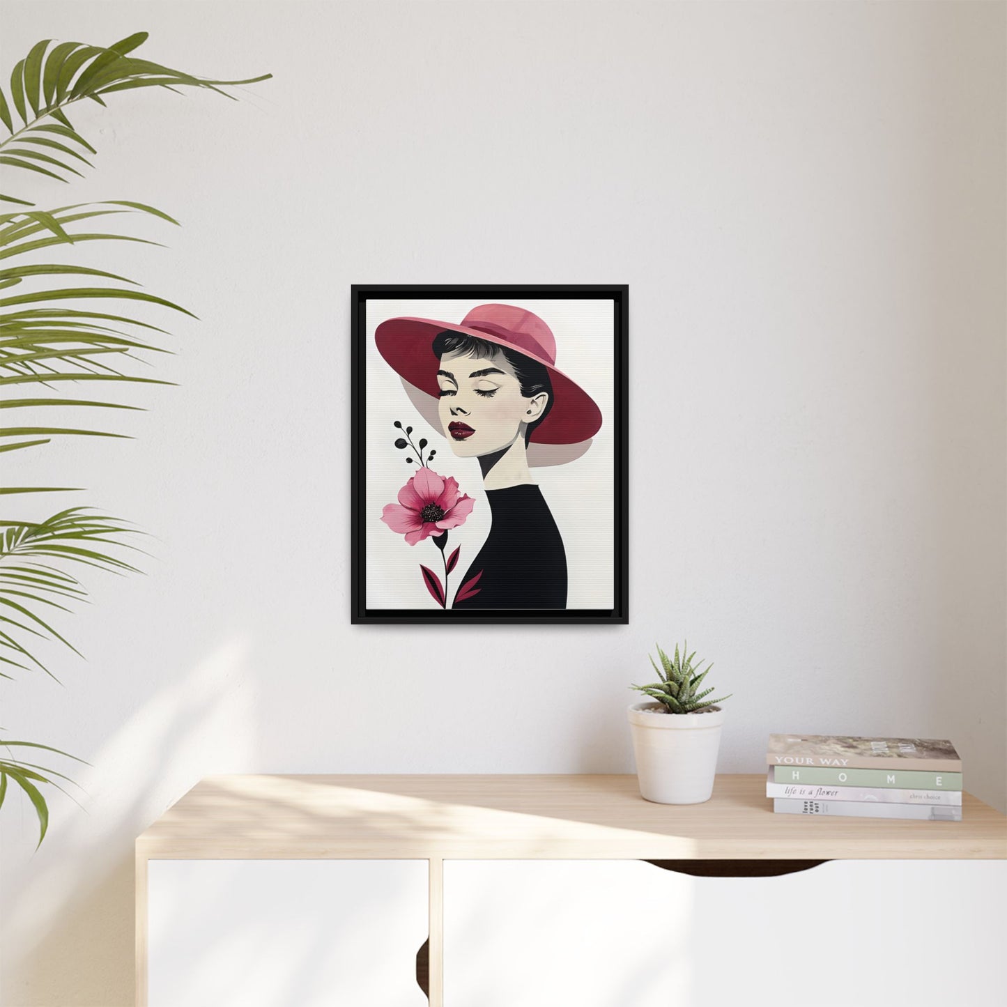Canvas Art, Audrey Hepburn with Red Flower Minimalist Wall Decor
