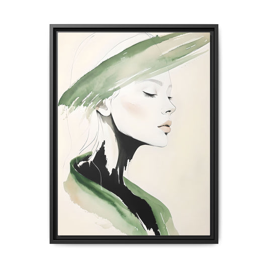 Elegant Framed Matte Canvas Art - Serene Portrait with Green Accents