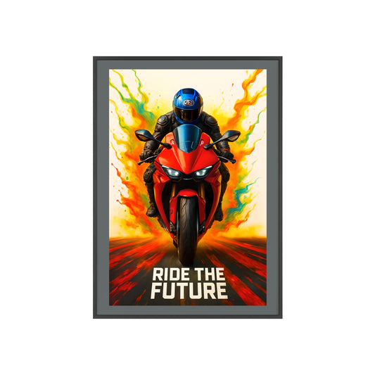 Ride the Future Motorcycle Poster with Wooden Frame | Wall Art