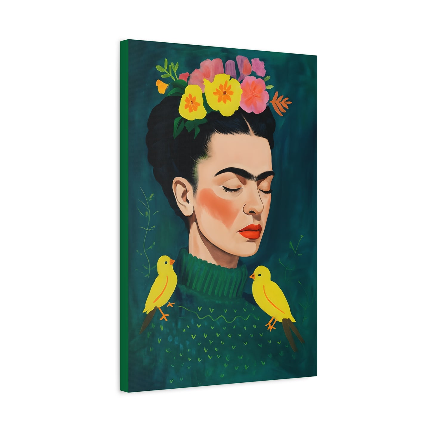 Frida Kahlo Inspired Portrait of Serene  Woman In Sweater