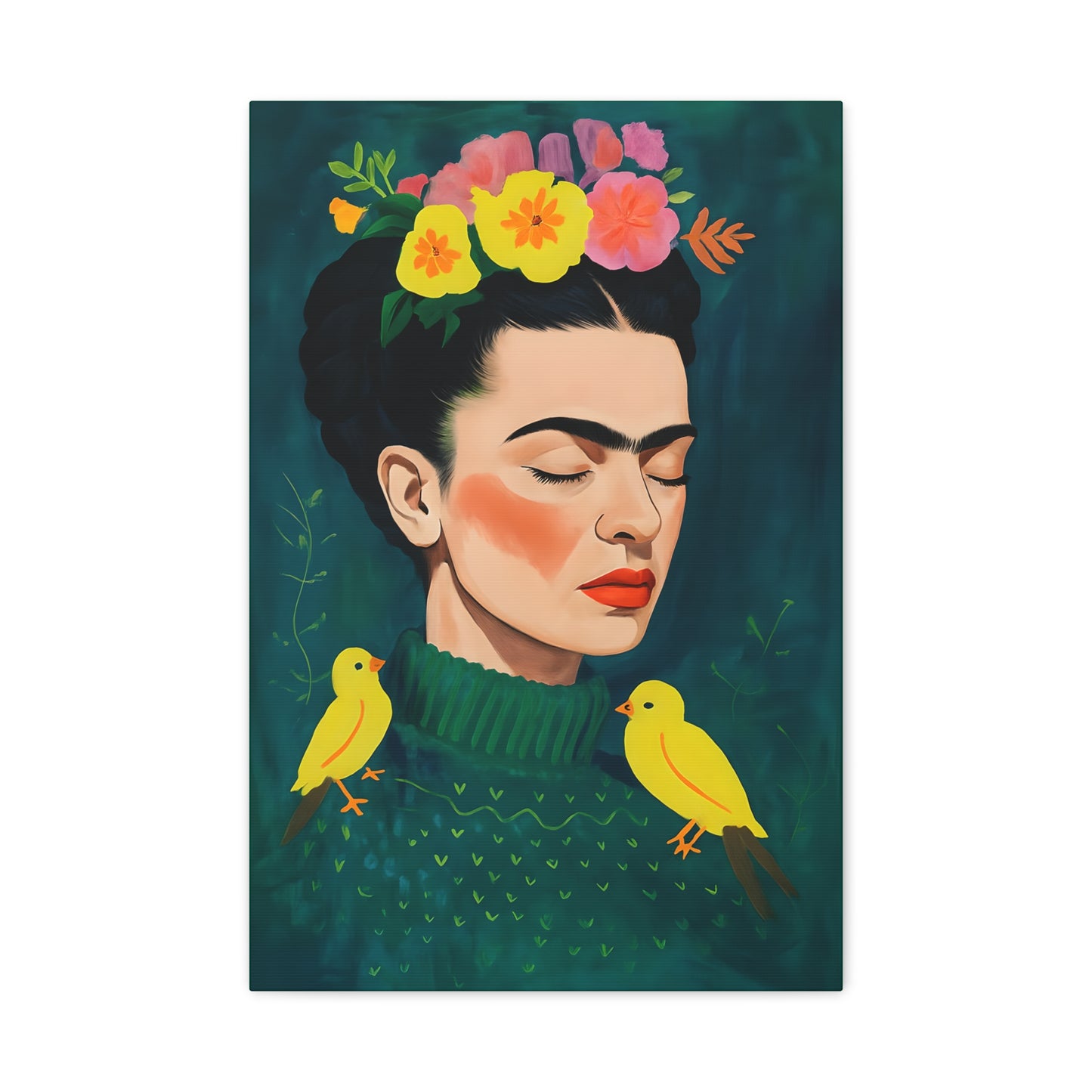 Frida Kahlo Inspired Portrait of Serene  Woman In Sweater