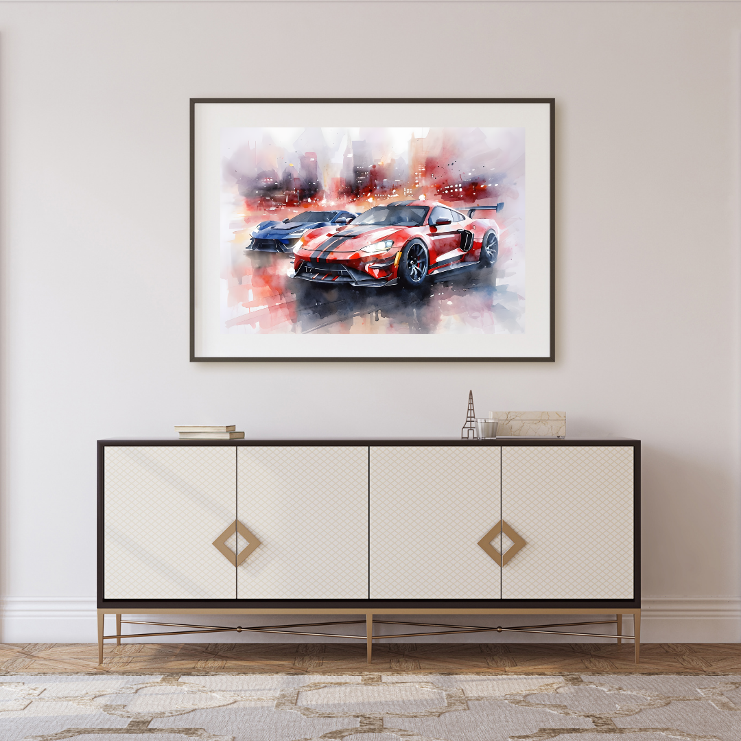 Dynamic Watercolor Framed Poster of Fast Cars in Motion
