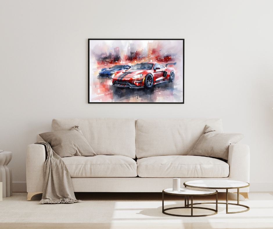 Dynamic Watercolor Framed Poster of Fast Cars in Motion