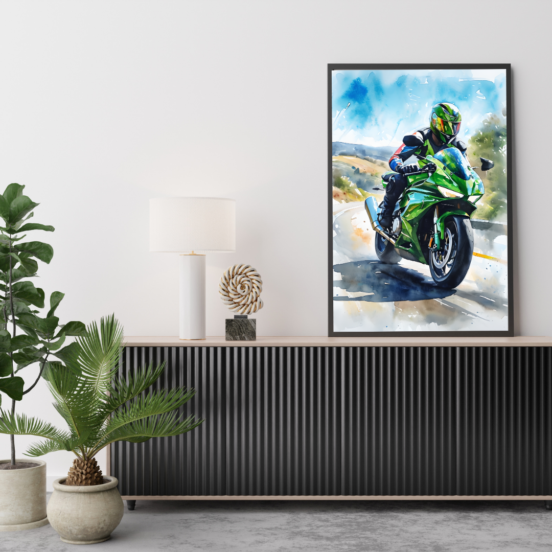 Shiny Green Motorbike Framed Poster Print