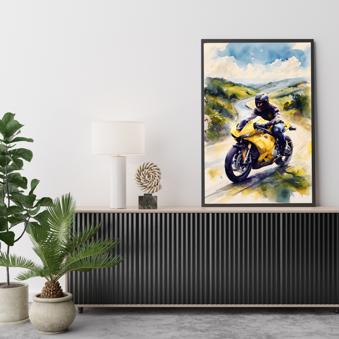 Vivid Yellow Motorbike Racing Poster Print