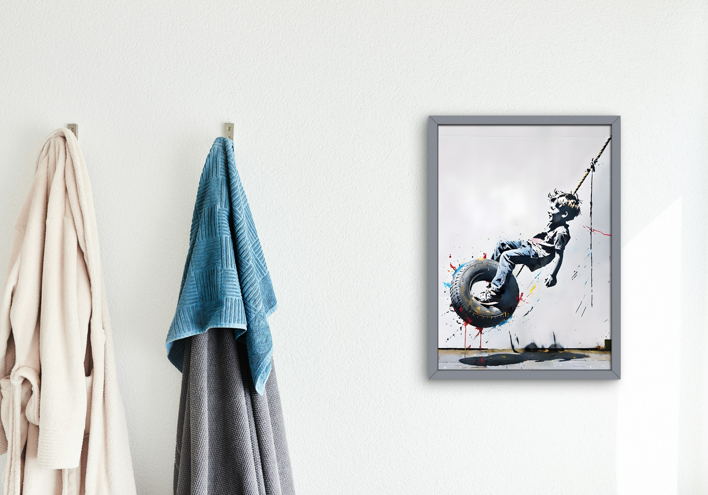 Urban Art Print Framed Poster - Happy Boy on Tire Swing