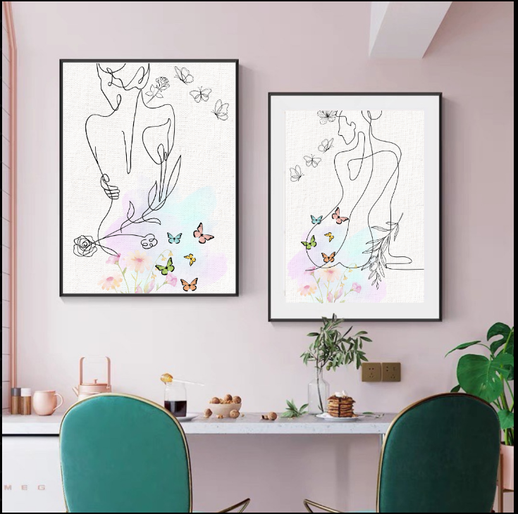 Bohemian Woman Framed Canvas Art, Line Drawing