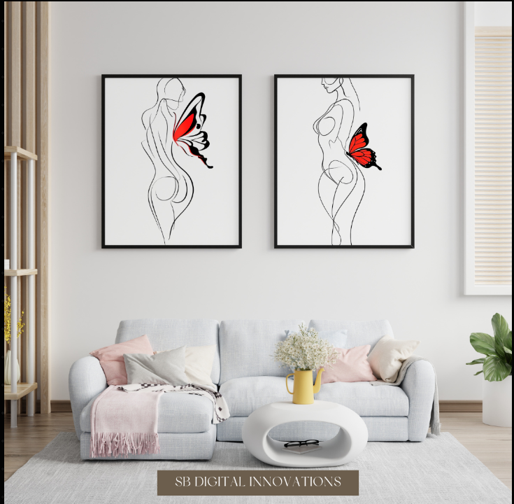 Elegant Minimalist Line Drawing of a Woman with a Butterfly Canvas Art