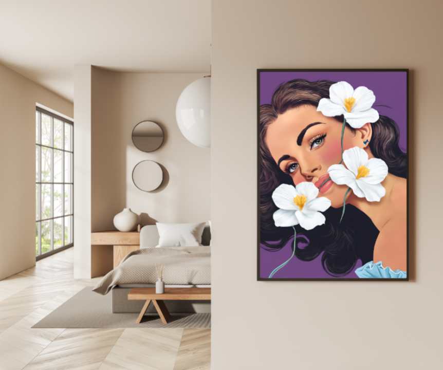 Elegant Illustration of Raquel Welsh Surrounded by Flowers  Wall Art