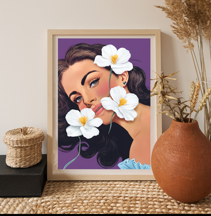 Elegant Illustration of Raquel Welsh Surrounded by Flowers  Wall Art