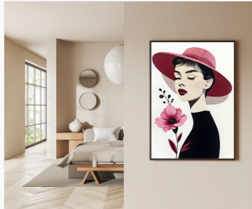 Canvas Art, Audrey Hepburn with Red Flower Minimalist Wall Decor
