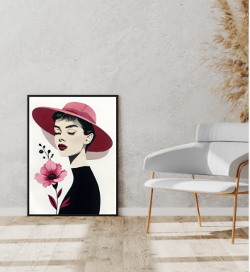 Canvas Art, Audrey Hepburn with Red Flower Minimalist Wall Decor