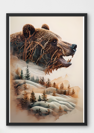 Bear in Blended Winter Forest: Framed Canvas Artwork Print