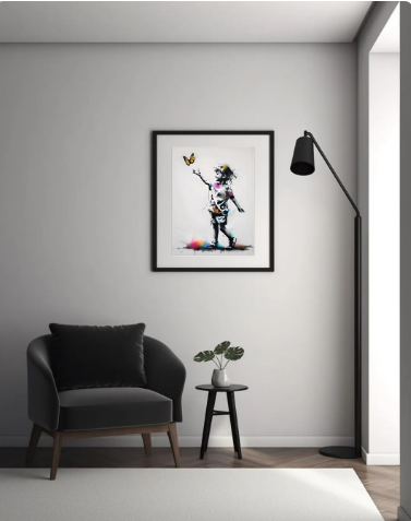 Urban Girl Playing with Butterfly Framed Poster Print