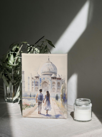 Couple Walk to the Taj Mahal, Wall Art Print