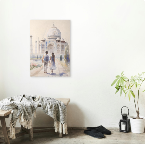 Couple Walk to the Taj Mahal, Wall Art Print