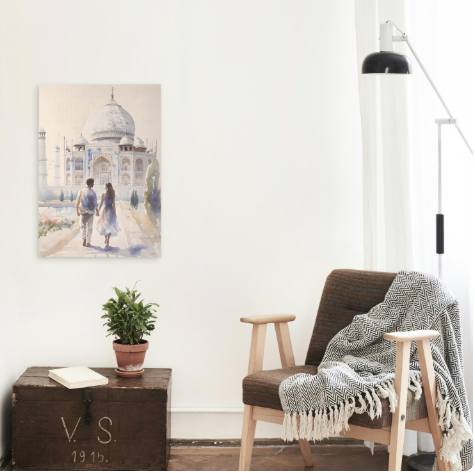 Couple Walk to the Taj Mahal, Wall Art Print