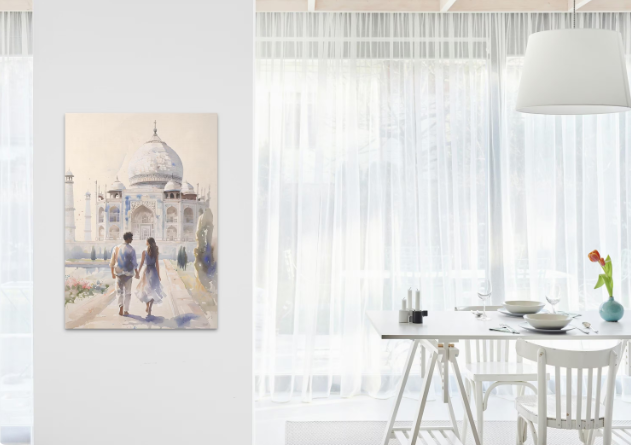 Couple Walk to the Taj Mahal, Wall Art Print