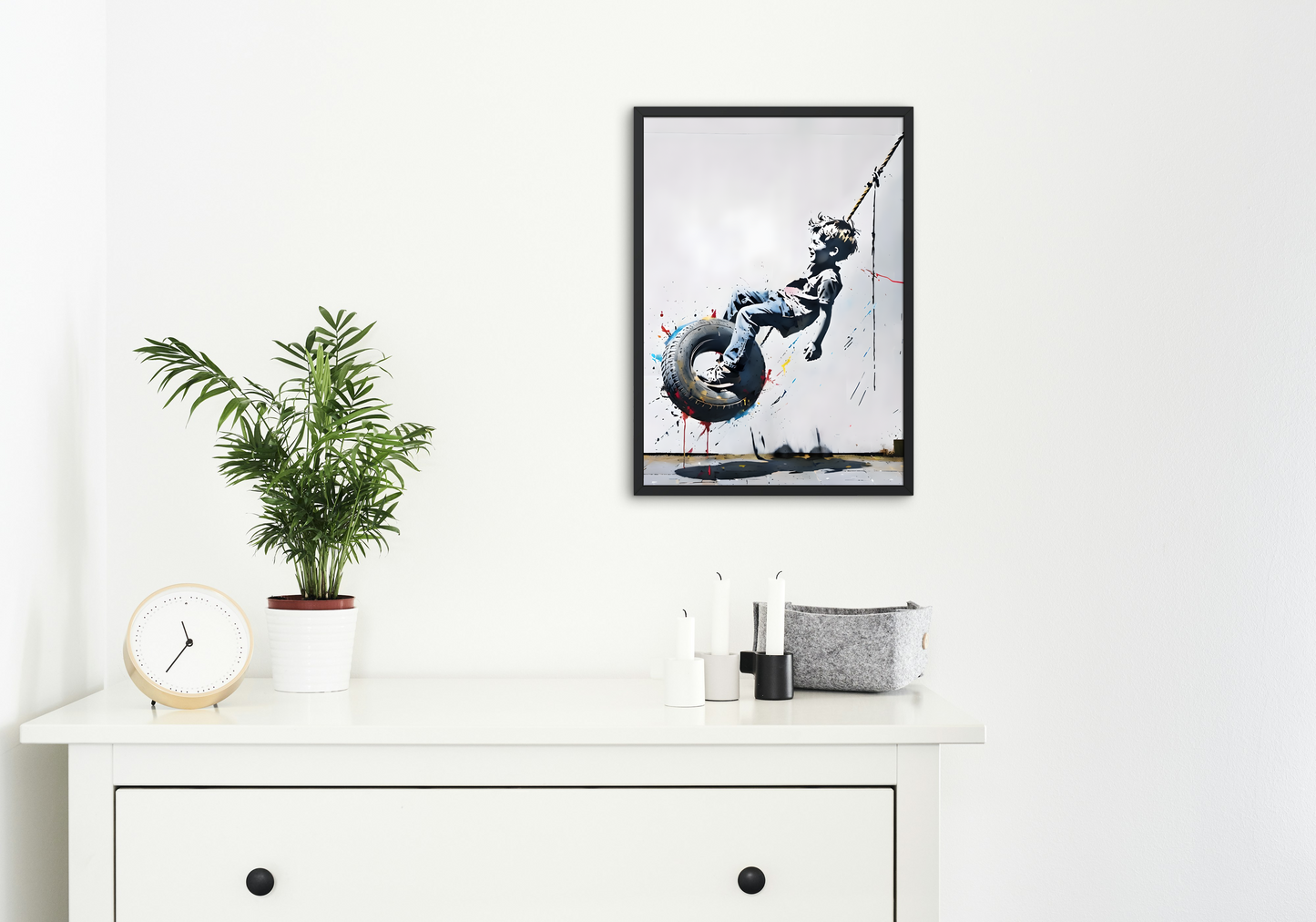 Urban Art Print Framed Poster - Happy Boy on Tire Swing